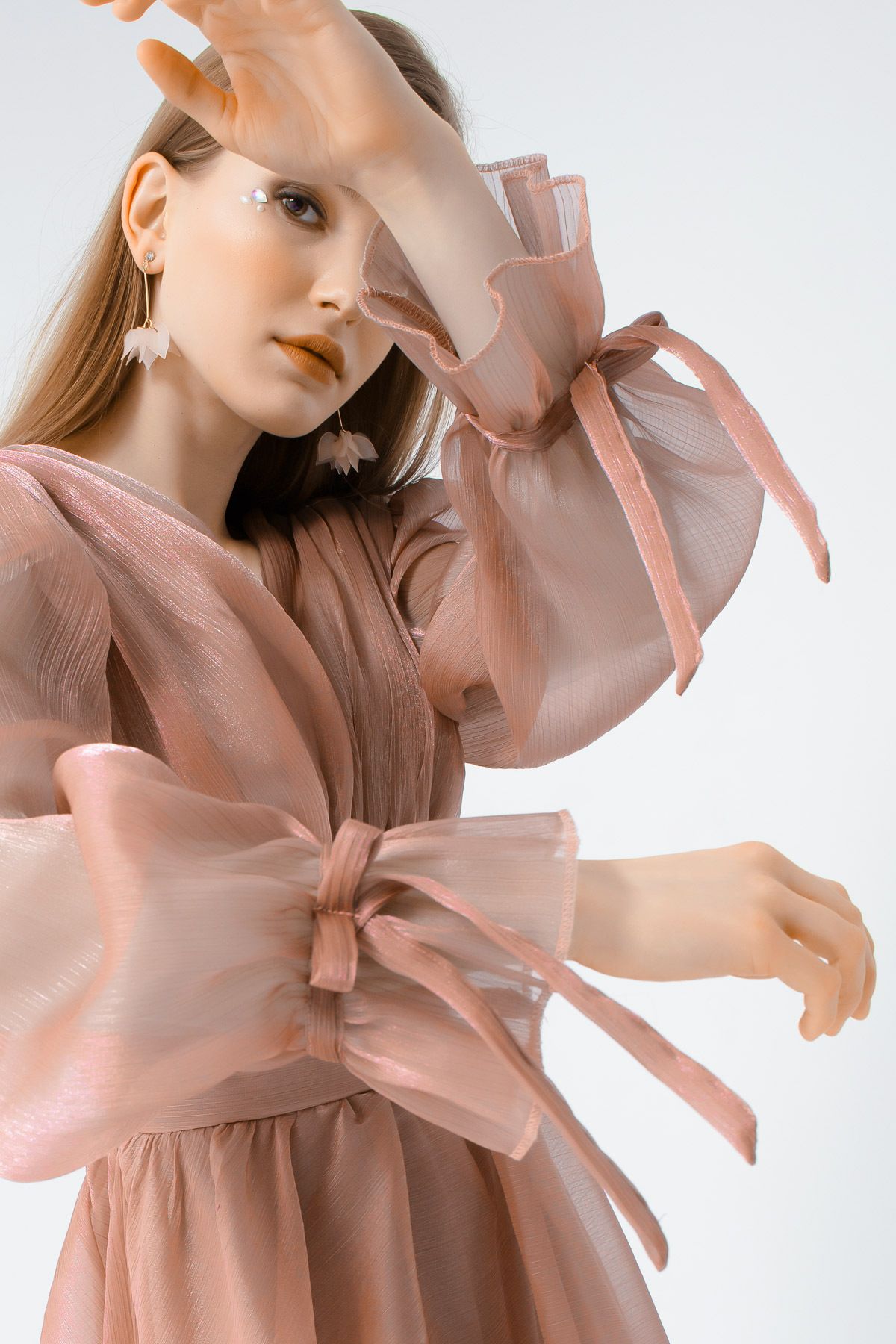 Lafaba-Langes Abendkleid mit lachsfarbenen Ballonärmeln und V-Ausschnitt für Damen 2