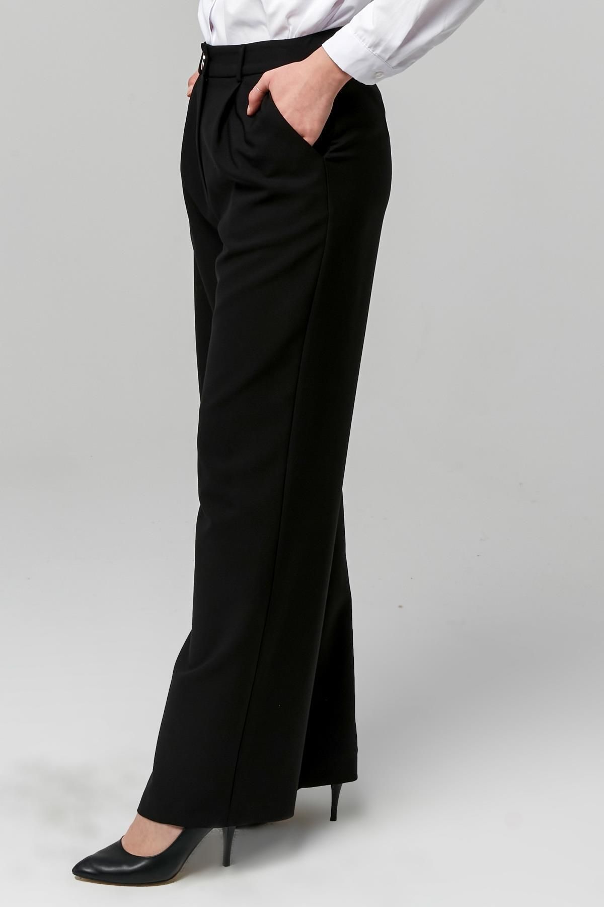 Appleline-Black Classic Fabric - Women's Pants with Wide Legs and Pockets 4