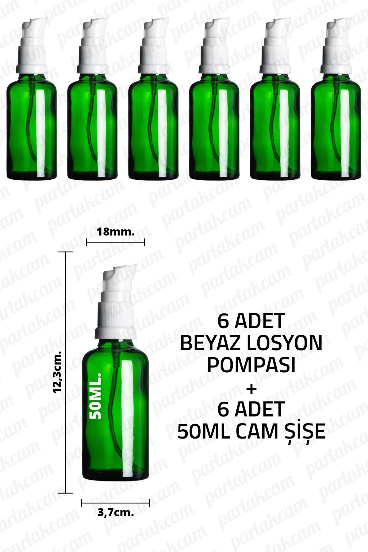 parlakcam 50ml Beyaz Losyon Pompası Yeşil Cam Şişe 50cc Beyaz Krem Pompası Başlıklı Yeşil Cam Şişe 6 Adet