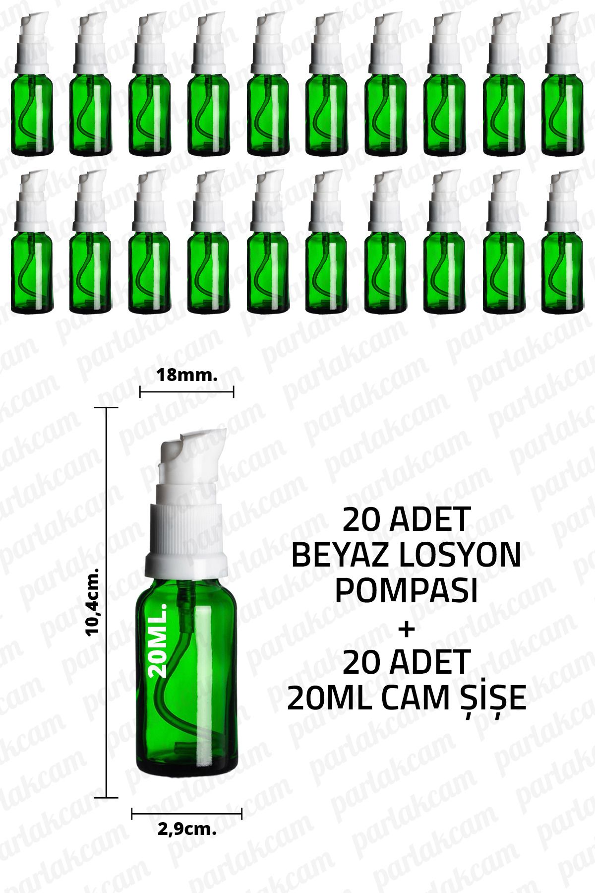 parlakcam 20ml Beyaz Losyon Pompası Yeşil Cam Şişe 20cc Beyaz Krem Pompası Başlıklı Yeşil Cam Şişe 20 Adet