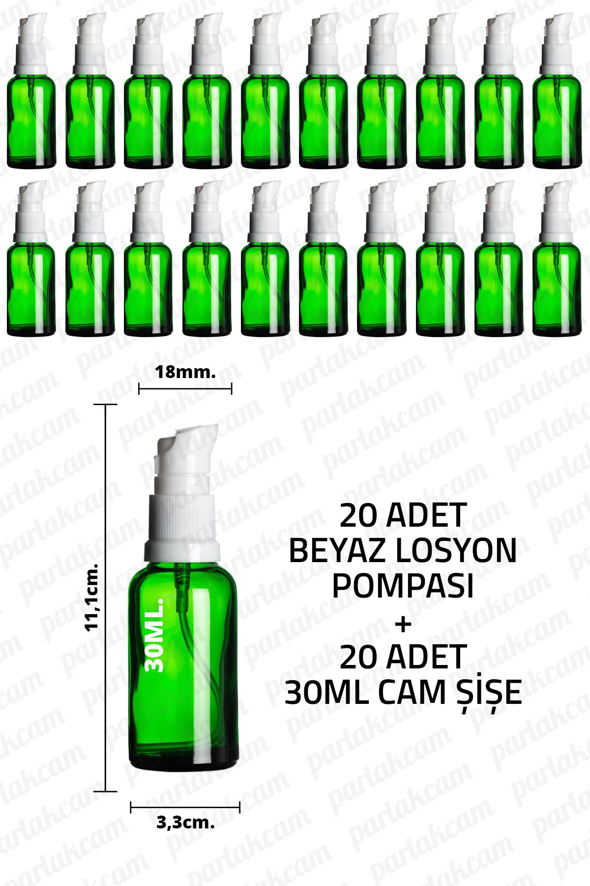 parlakcam 30ml Beyaz Losyon Pompası Yeşil Cam Şişe 30cc Beyaz Krem Pompası Başlıklı Yeşil Cam Şişe 20 Adet