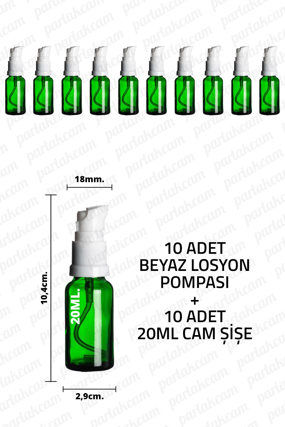 parlakcam 20ml Beyaz Losyon Pompası Yeşil Cam Şişe 20cc Beyaz Krem Pompası Başlıklı Yeşil Cam Şişe 10 Adet