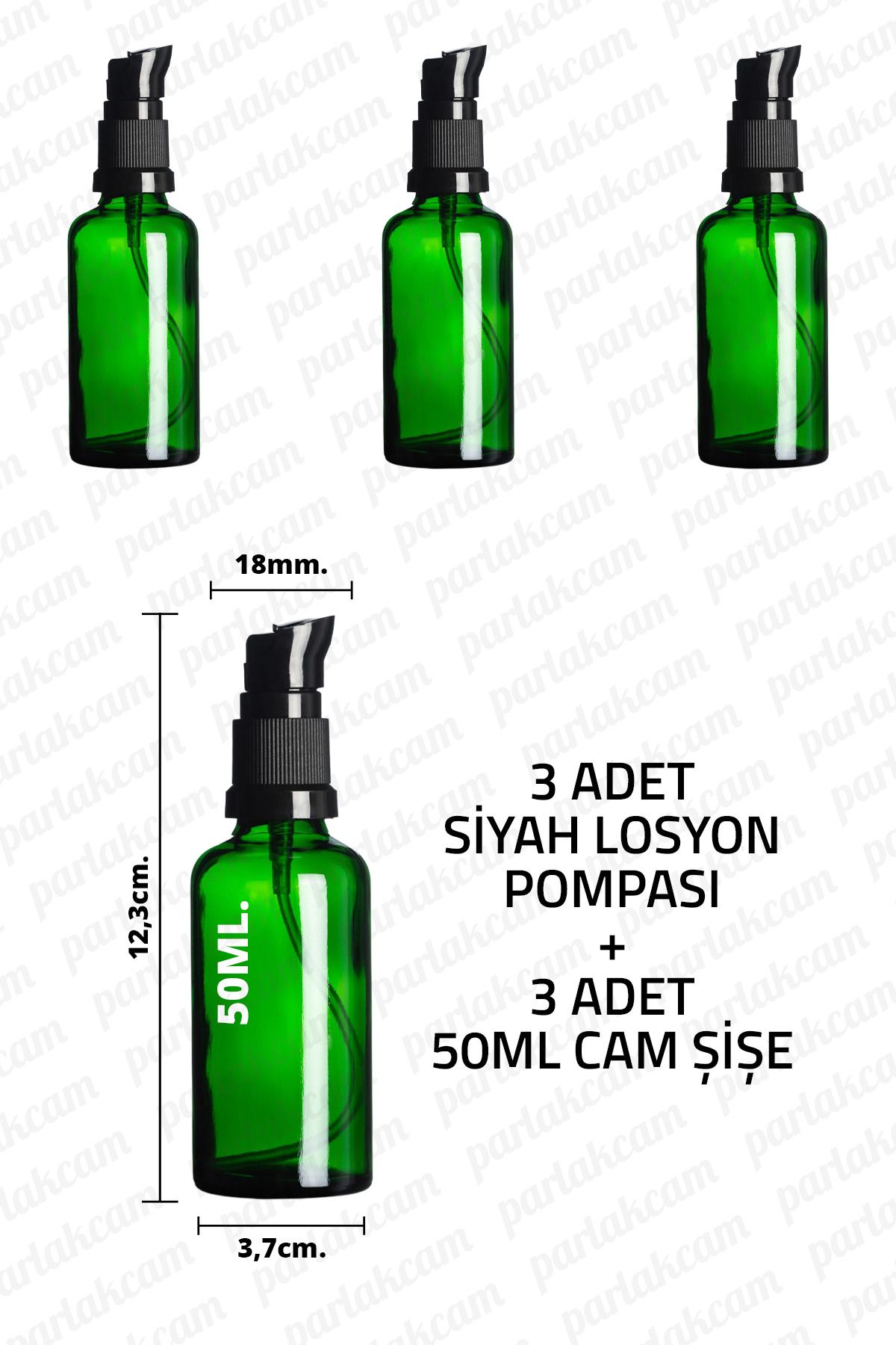 parlakcam 50ml Siyah Losyon Pompası Yeşil Cam Şişe 50cc Siyah Krem Pompası Başlıklı Yeşil Cam Şişe 3 Adet