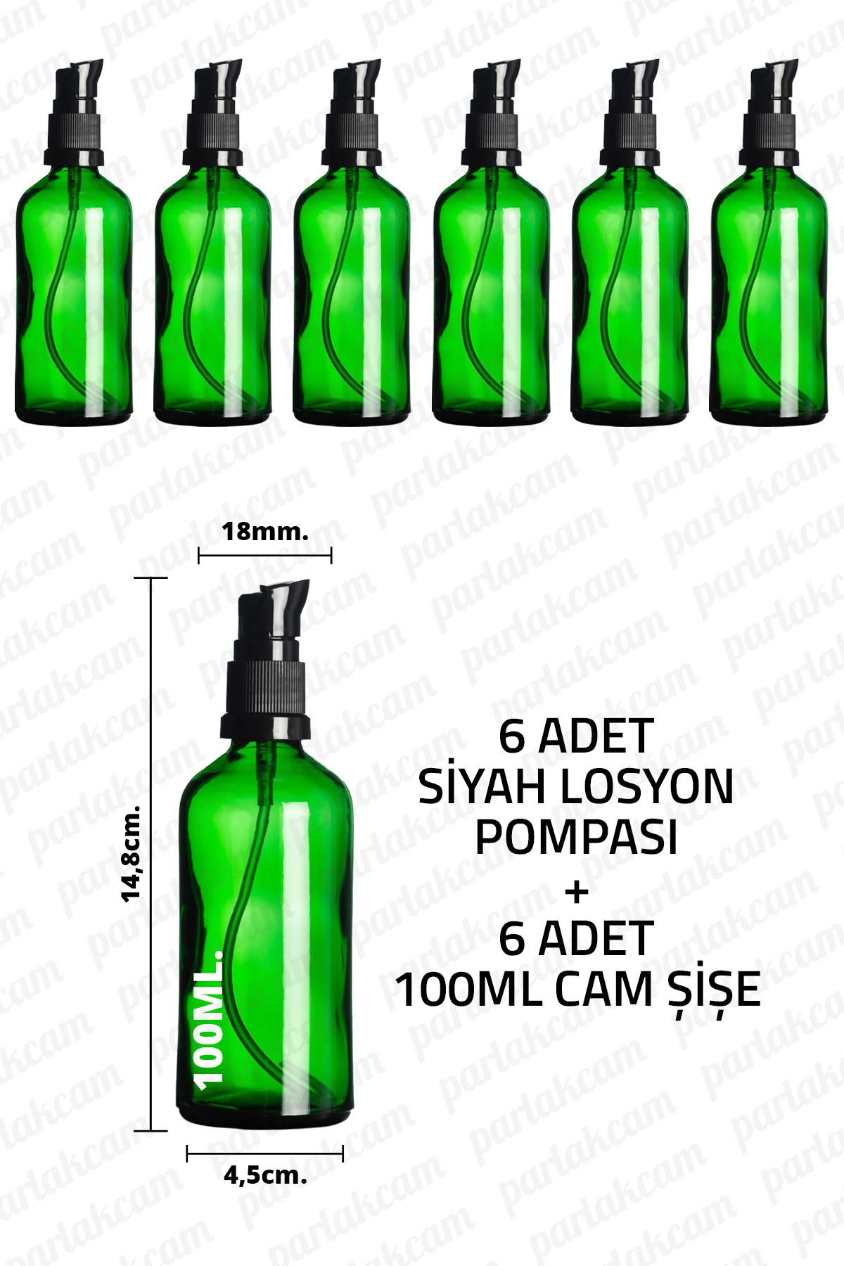 parlakcam 100ml Siyah Losyon Pompası Yeşil Cam Şişe 100cc Siyah Krem Pompası Başlıklı Yeşil Cam Şişe 6 Adet