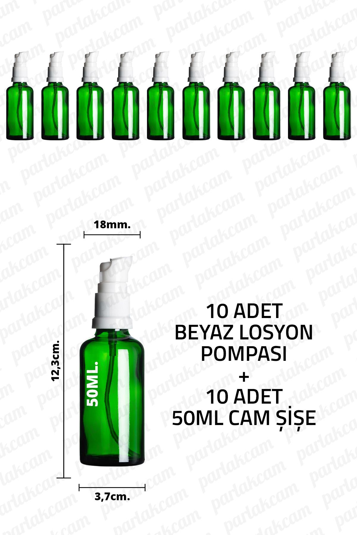 parlakcam 50ml Beyaz Losyon Pompası Yeşil Cam Şişe 50cc Beyaz Krem Pompası Başlıklı Yeşil Cam Şişe 10 Adet