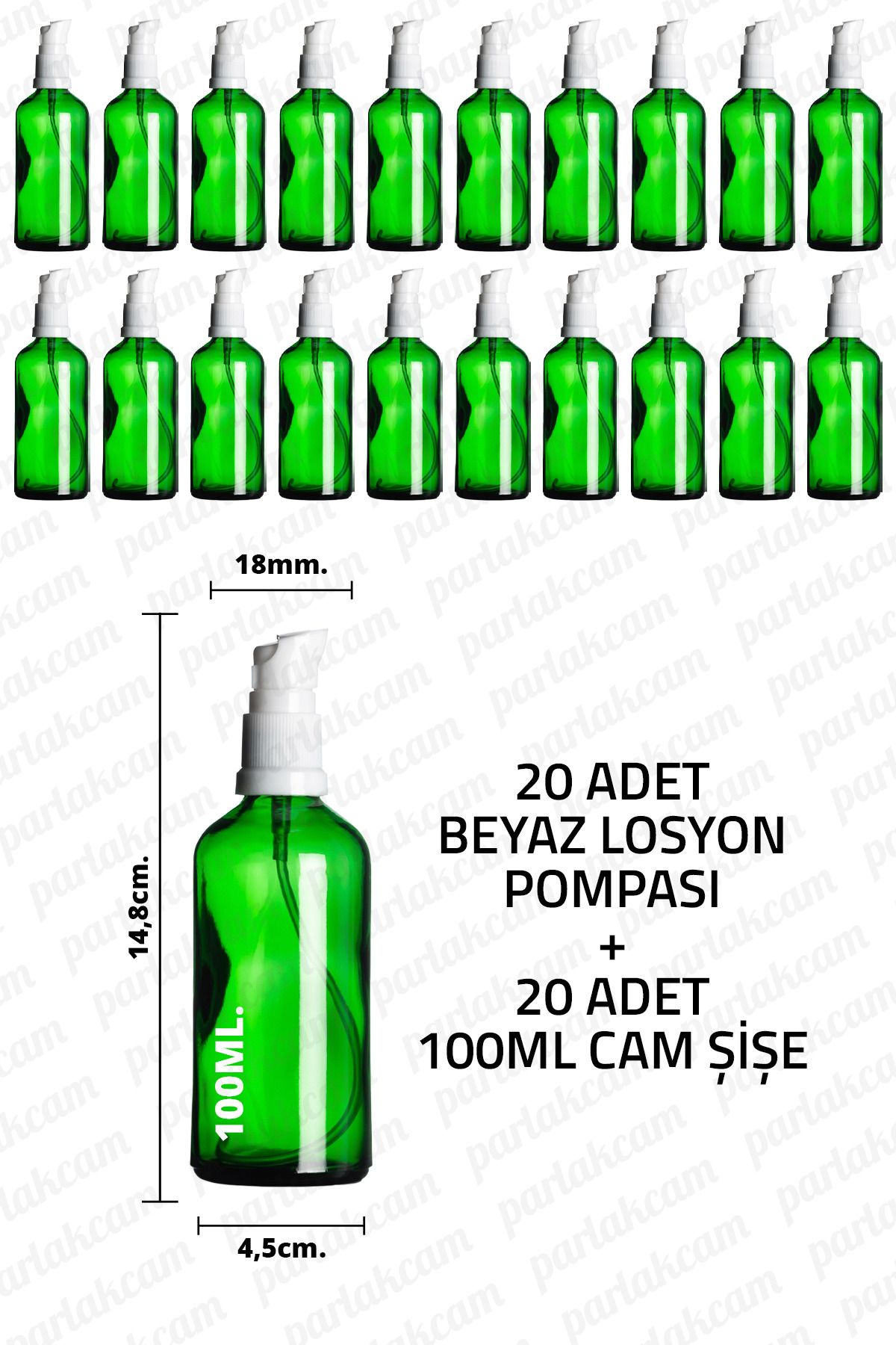 parlakcam 100ml Beyaz Losyon Pompası Yeşil Cam Şişe 100cc Beyaz Krem Pompası Başlıklı Yeşil Cam Şişe 20 Adet