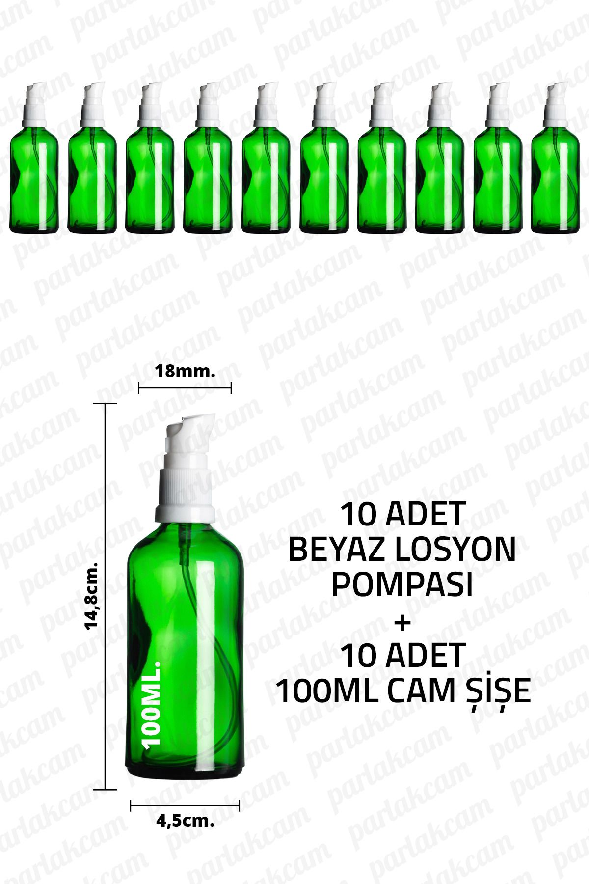 parlakcam 100ml Beyaz Losyon Pompası Yeşil Cam Şişe 100cc Beyaz Krem Pompası Başlıklı Yeşil Cam Şişe 10 Adet