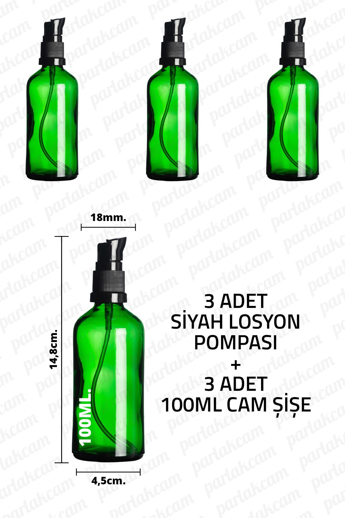 parlakcam 100ml Siyah Losyon Pompası Yeşil Cam Şişe 100cc Siyah Krem Pompası Başlıklı Yeşil Cam Şişe 3 Adet