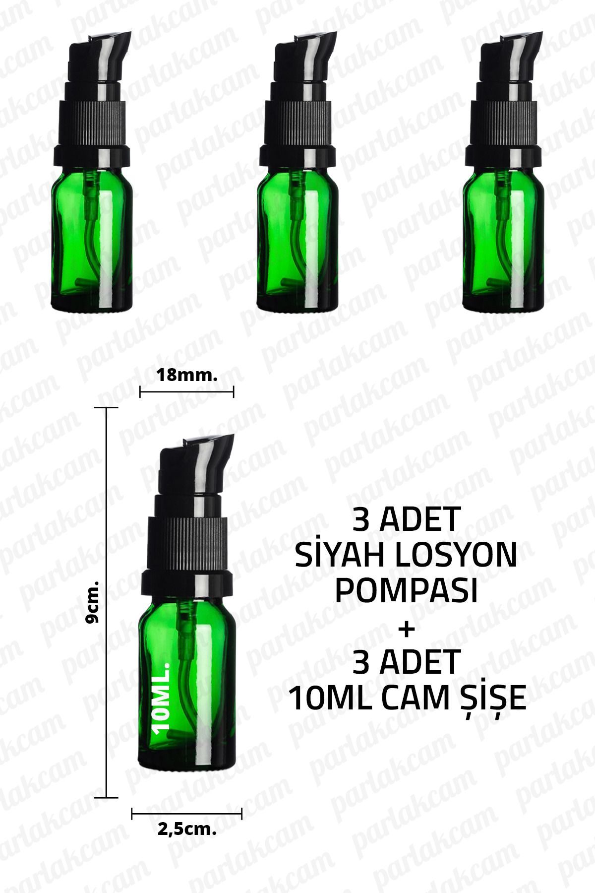 parlakcam 10ml Siyah Losyon Pompası Yeşil Cam Şişe 10cc Siyah Krem Pompası Başlıklı Yeşil Cam Şişe 3 Adet