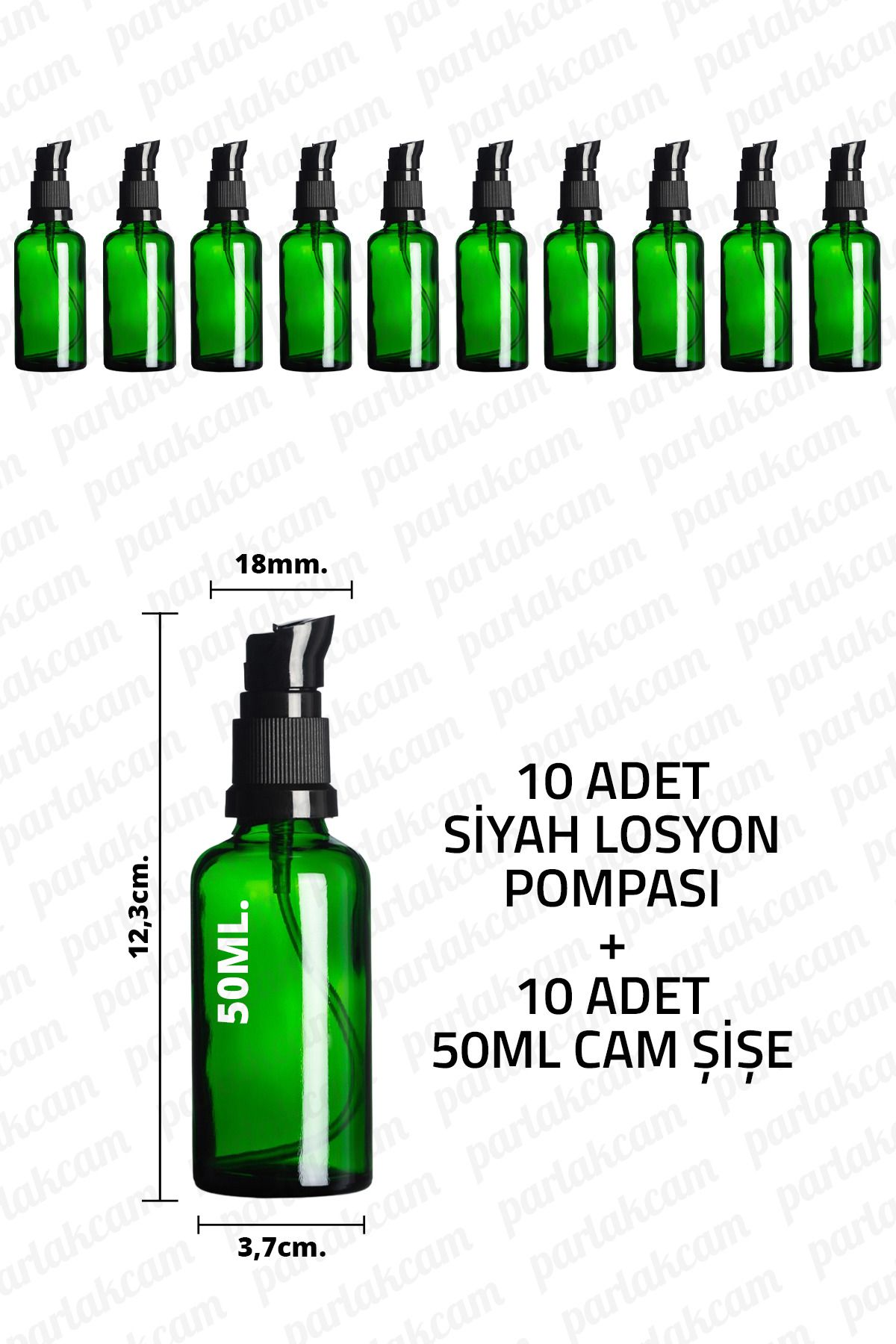 parlakcam 50ml Siyah Losyon Pompası Yeşil Cam Şişe 50cc Siyah Krem Pompası Başlıklı Yeşil Cam Şişe 10 Adet