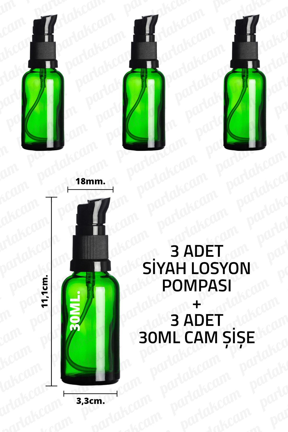 parlakcam 30ml Siyah Losyon Pompası Yeşil Cam Şişe 30cc Siyah Krem Pompası Başlıklı Yeşil Cam Şişe 3 Adet