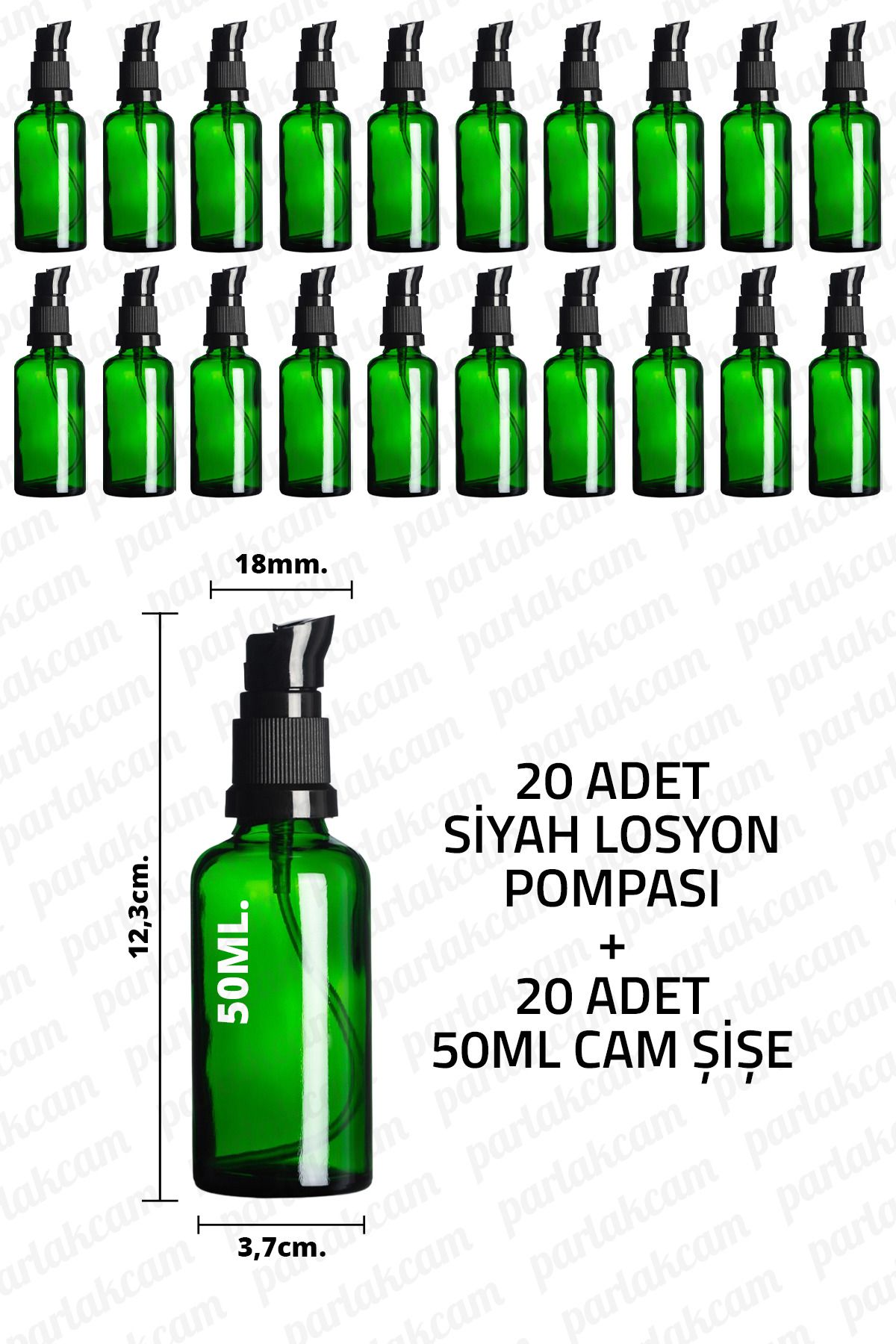 parlakcam 50ml Siyah Losyon Pompası Yeşil Cam Şişe 50cc Siyah Krem Pompası Başlıklı Yeşil Cam Şişe 20 Adet