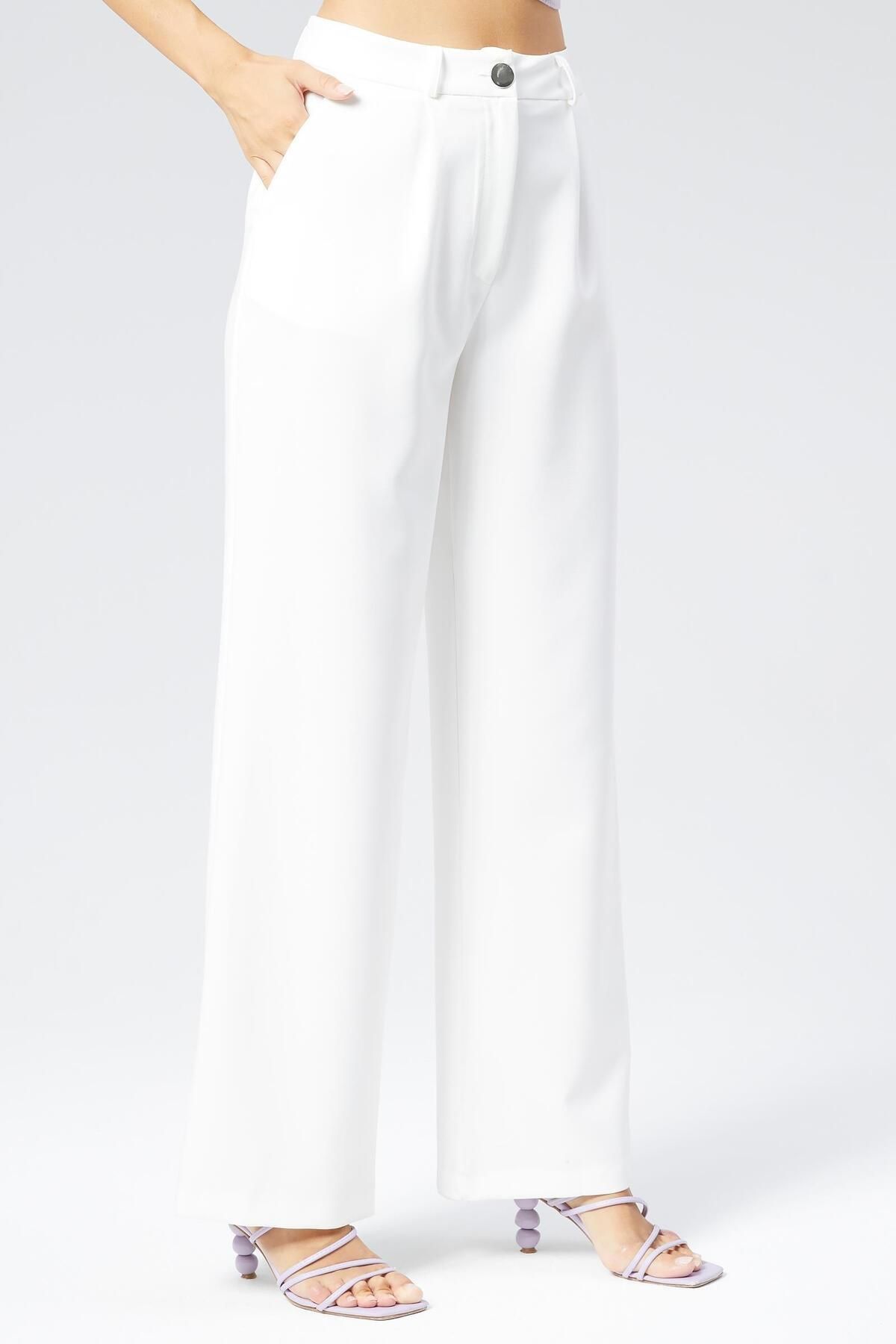 Appleline-White Classic Fabric - Wide Leg and Pocket Women's Trousers 4