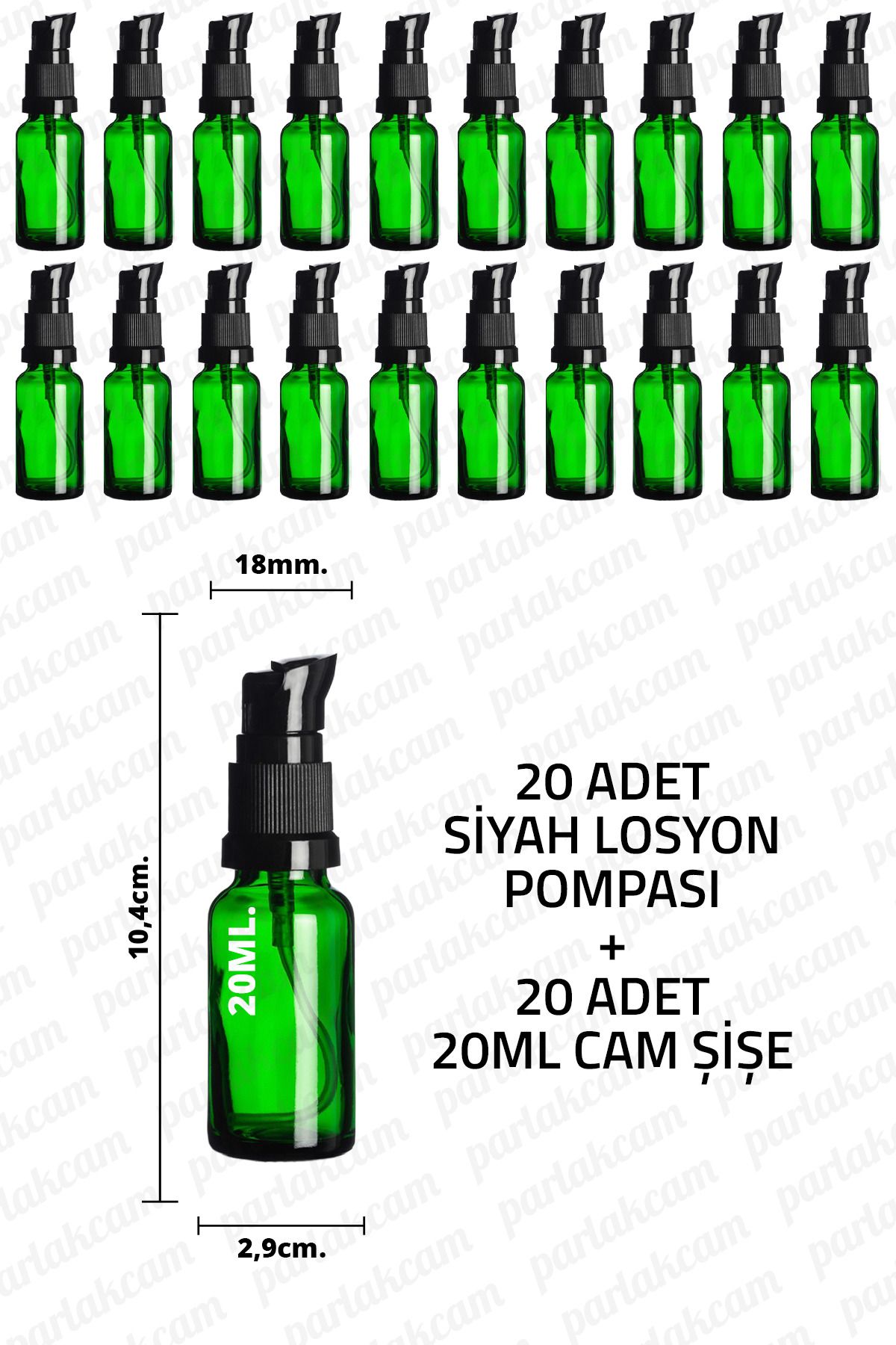 parlakcam 20ml Siyah Losyon Pompası Yeşil Cam Şişe 20cc Siyah Krem Pompası Başlıklı Yeşil Cam Şişe 20 Adet