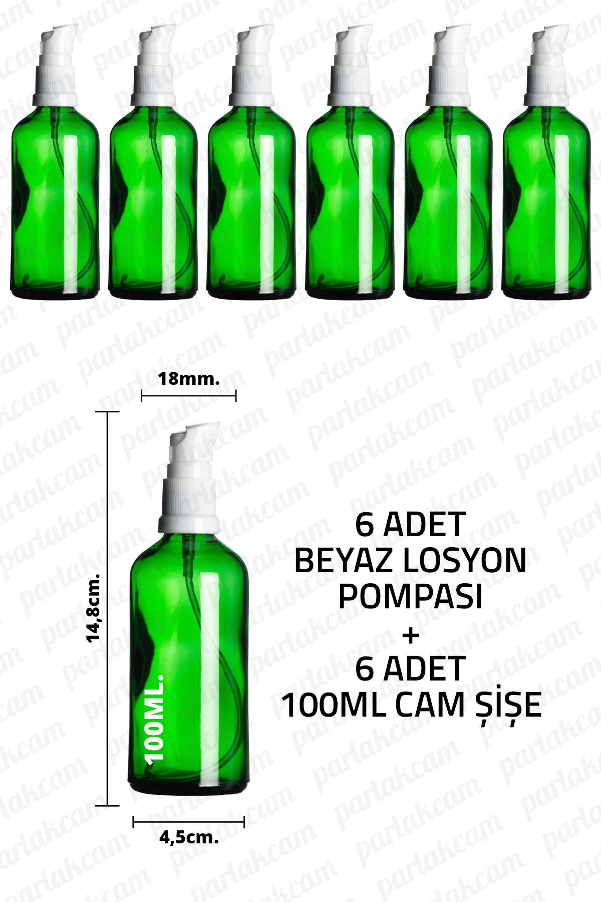 parlakcam 100ml Beyaz Losyon Pompası Yeşil Cam Şişe 100cc Beyaz Krem Pompası Başlıklı Yeşil Cam Şişe 6 Adet