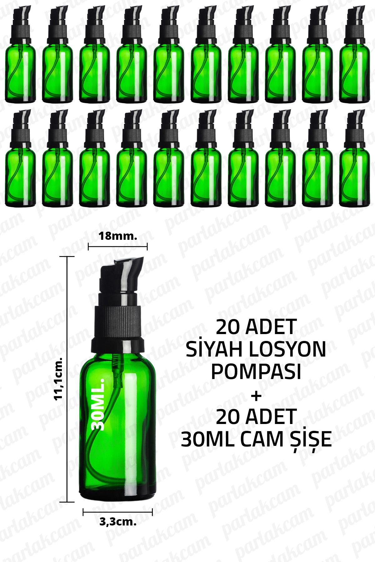 parlakcam 30ml Siyah Losyon Pompası Yeşil Cam Şişe 30cc Siyah Krem Pompası Başlıklı Yeşil Cam Şişe 20 Adet