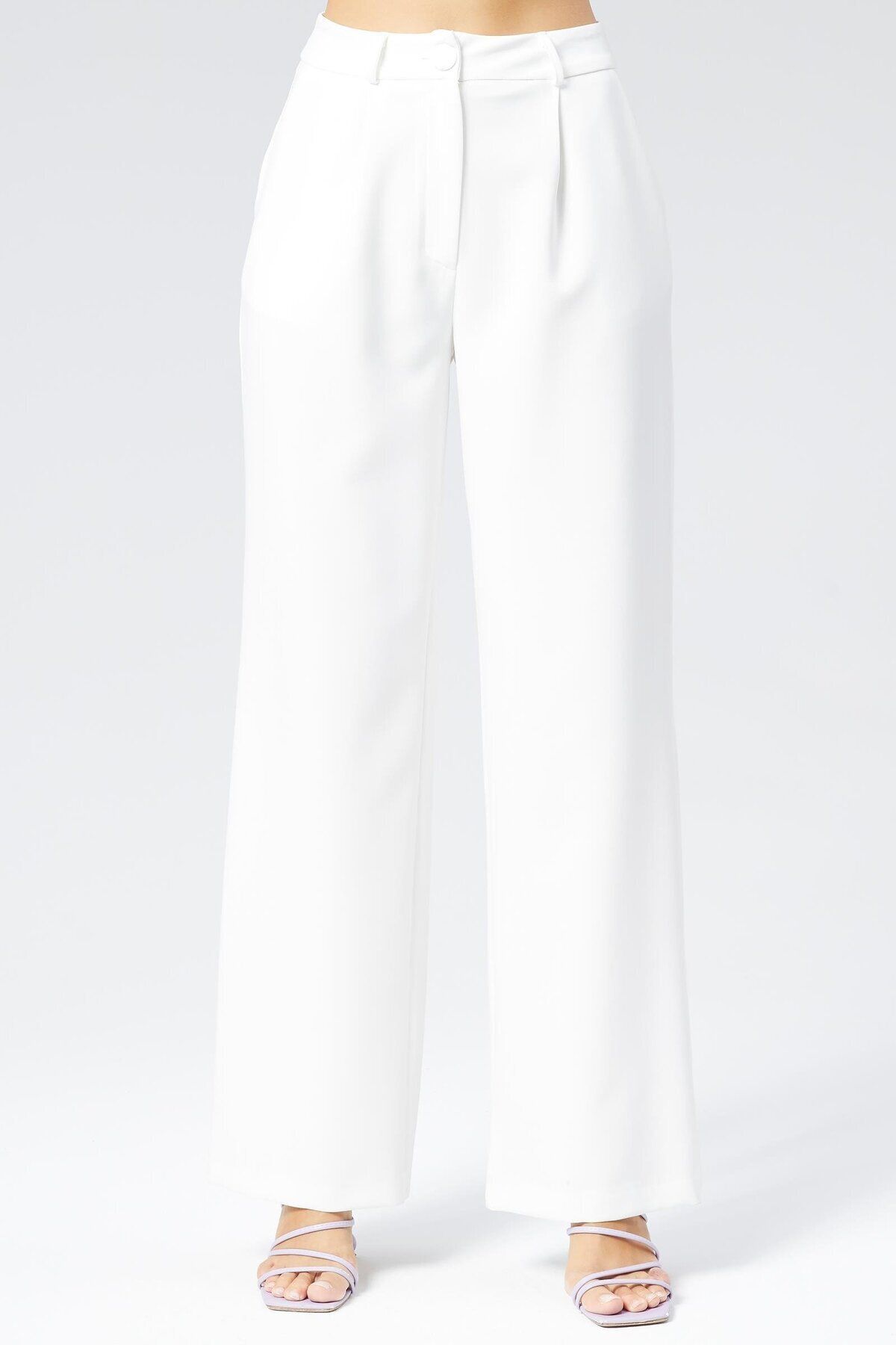 Appleline-White Classic Fabric - Wide Leg and Pocket Women's Trousers 1