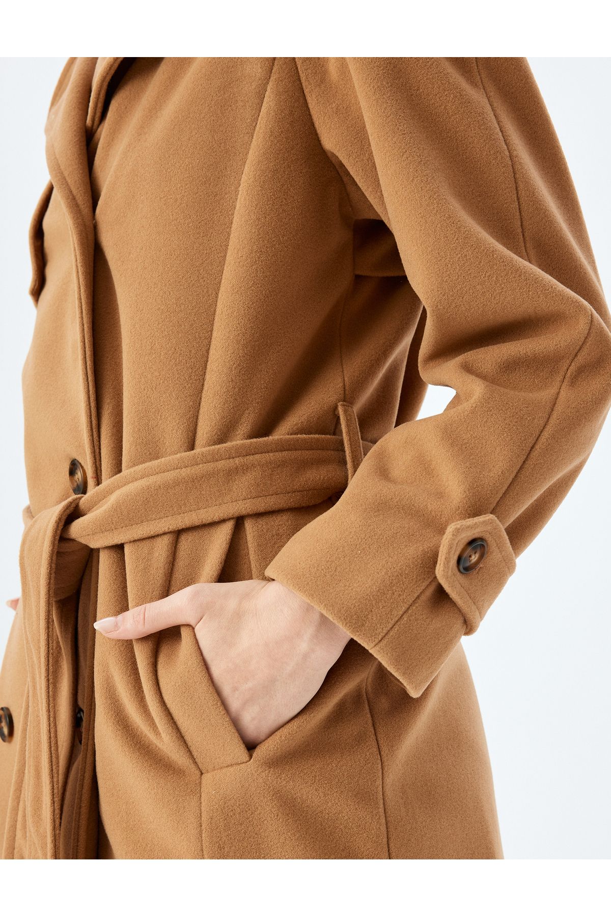 Koton-Double Breasted Long Stitched Coat with Buttoned Pockets and Belt Detail 7