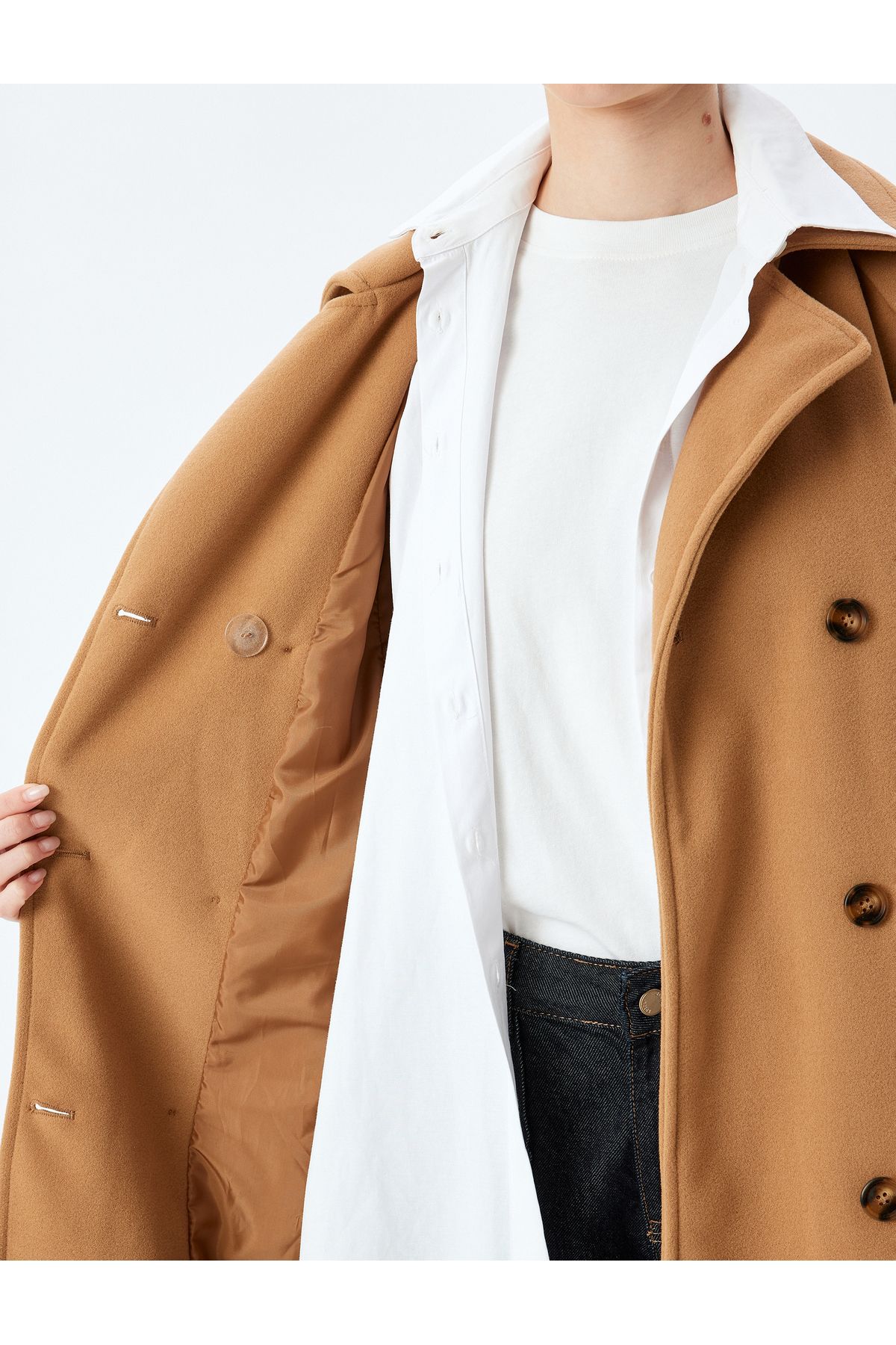 Koton-Double Breasted Long Stitched Coat with Buttoned Pockets and Belt Detail 6