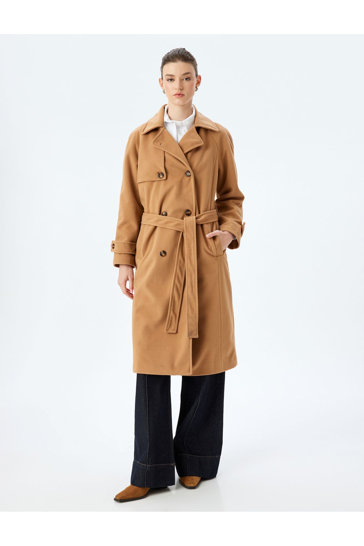 Koton-Double Breasted Long Stitched Coat with Buttoned Pockets and Belt Detail 3