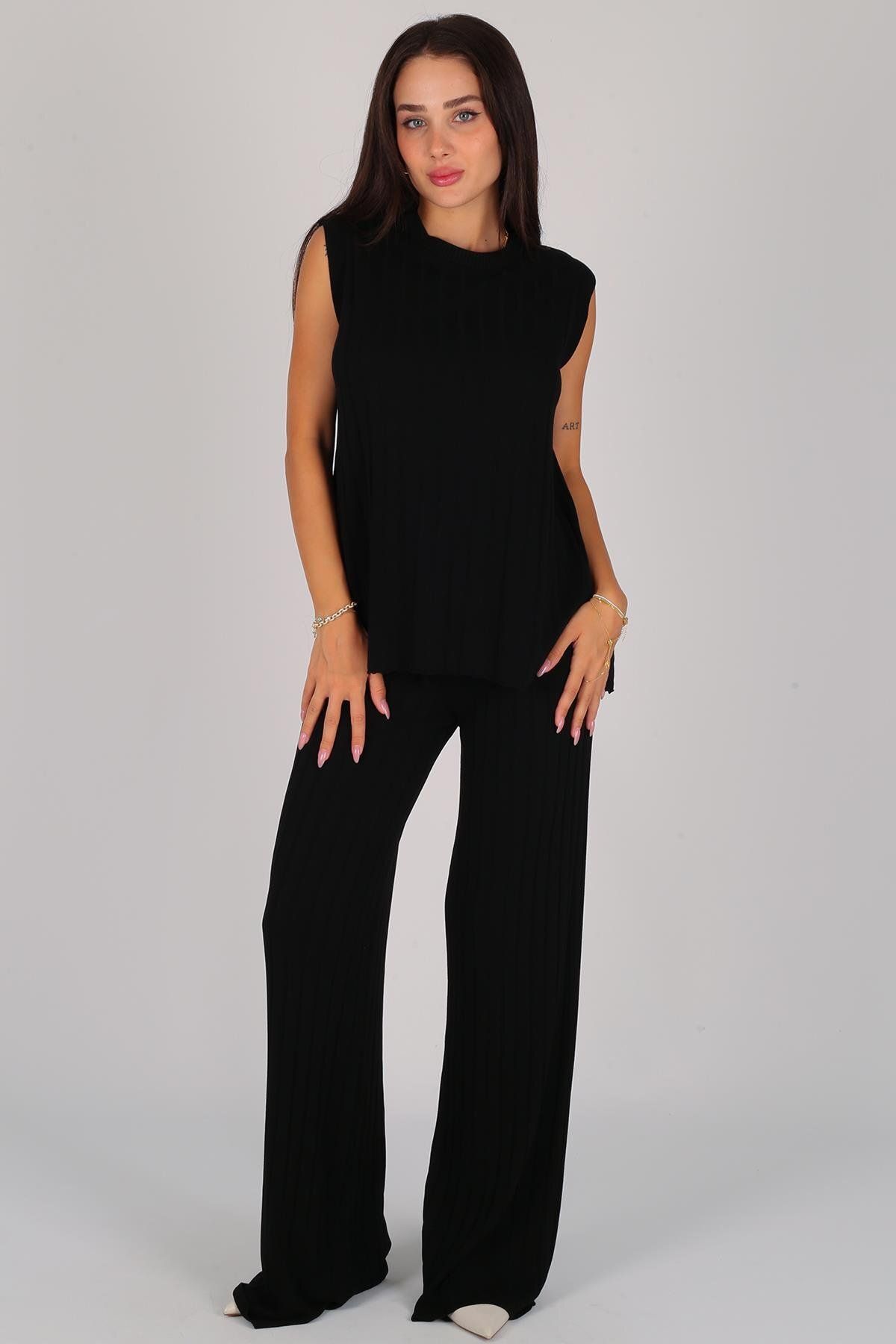 FACETTE-Black Knitwear Blouse and Trousers Set - Women's Sleeveless 2