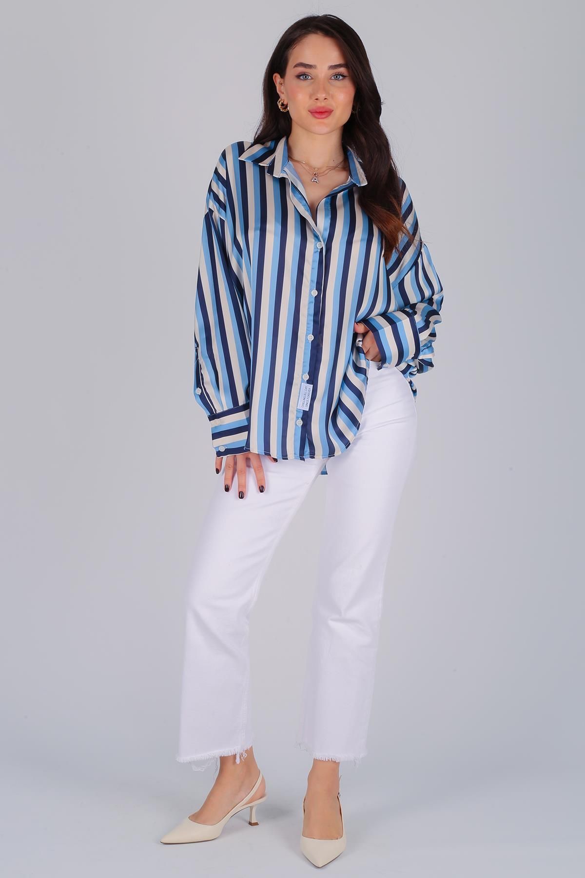 FACETTE-Women's Striped Oversize Satin Shirt 2