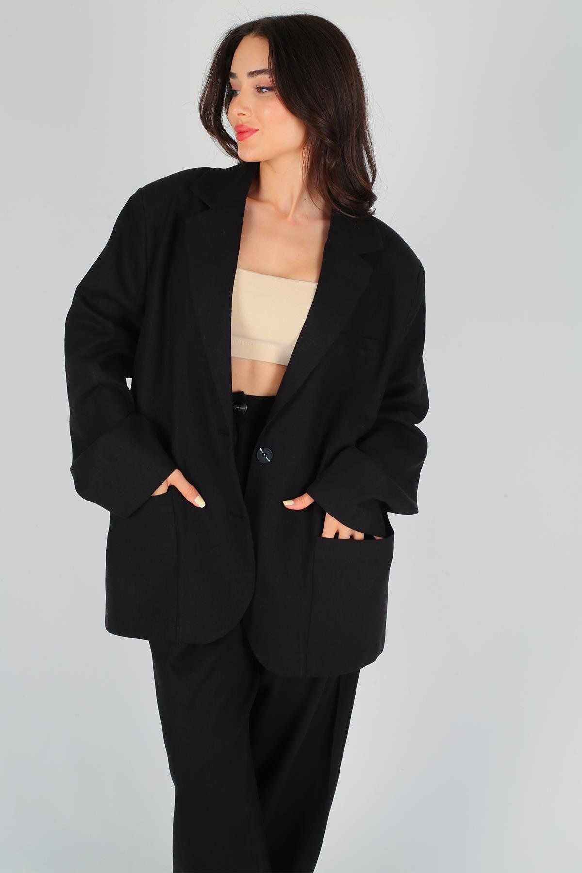 FACETTE-Black Linen Oversize Jacket - Women's, Buttoned 2