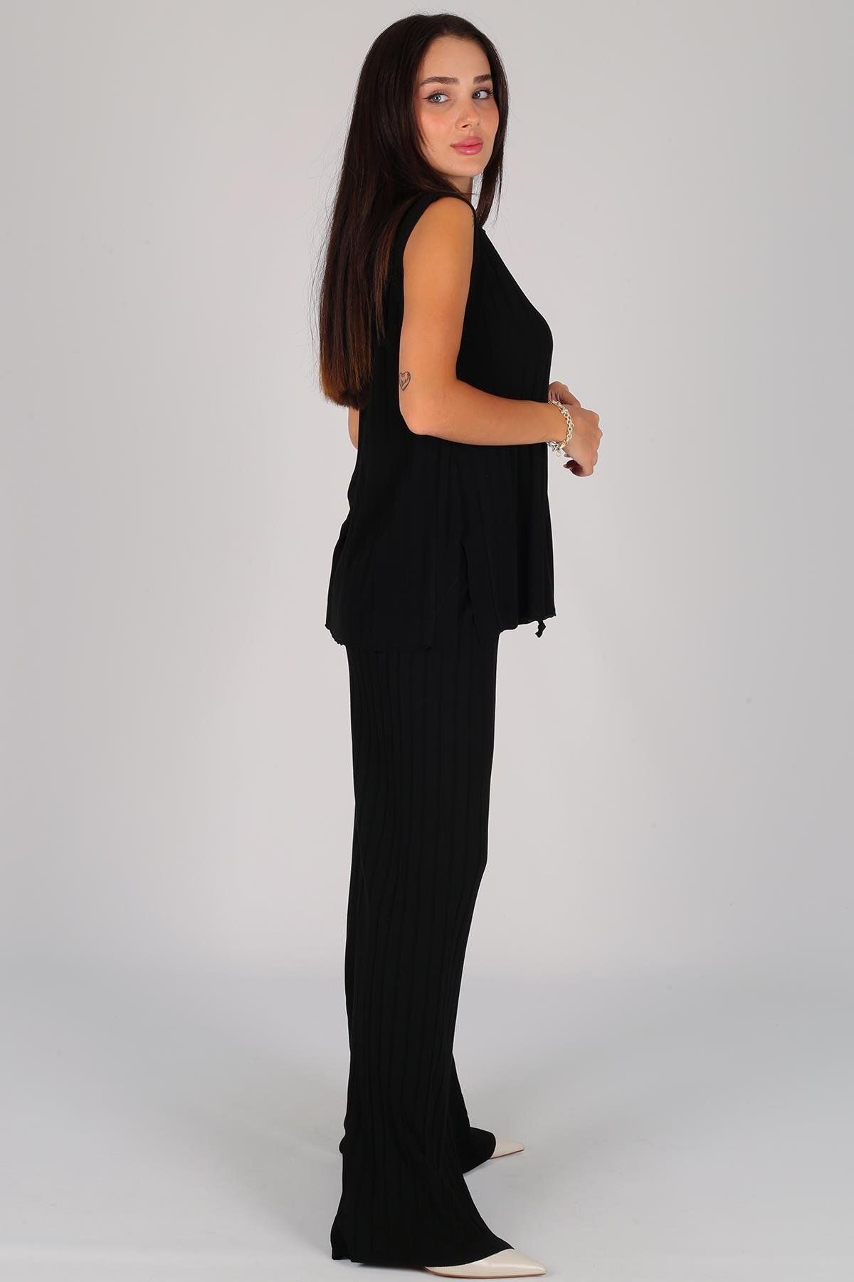 FACETTE-Black Knitwear Blouse and Trousers Set - Women's Sleeveless 3