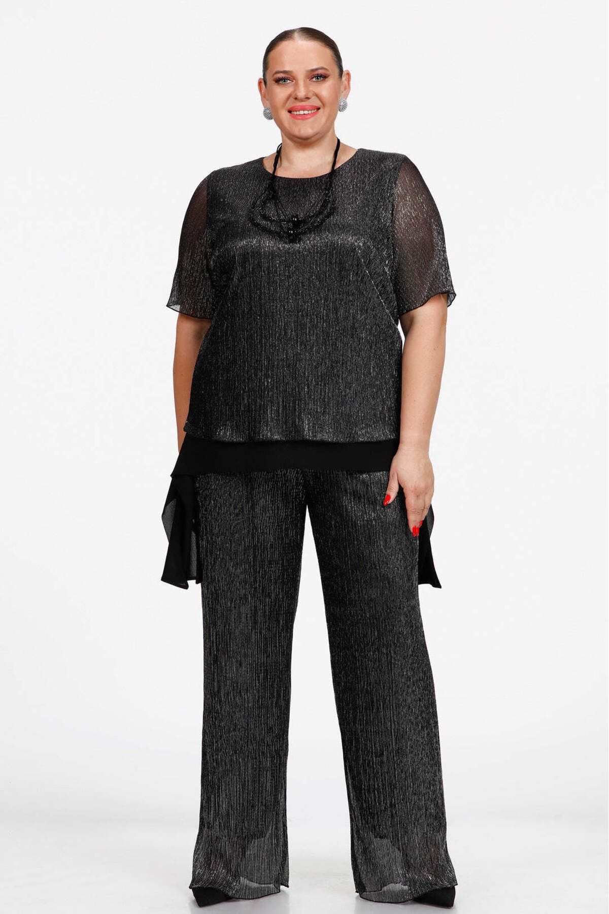 Gemko-Black Glitter Pleated Blouse and Pants Set - Silver 1