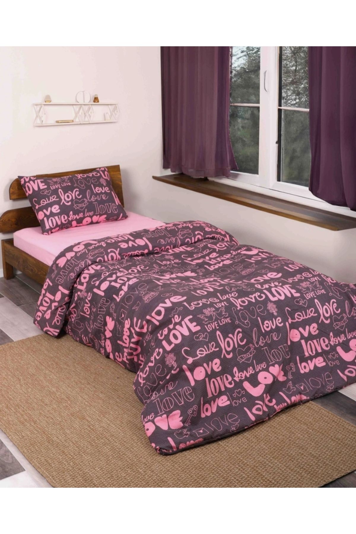 MORRİVAL-Single Pink Love Duvet Cover Set - 155X215 Duvet Cover + 50X70 Pillowcase 1