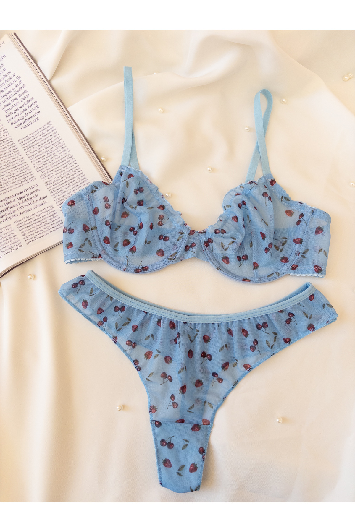 MOONDE  Mavi Kirazlı Bralet Takım (Sütyen&Tanga) - Görsel 5
