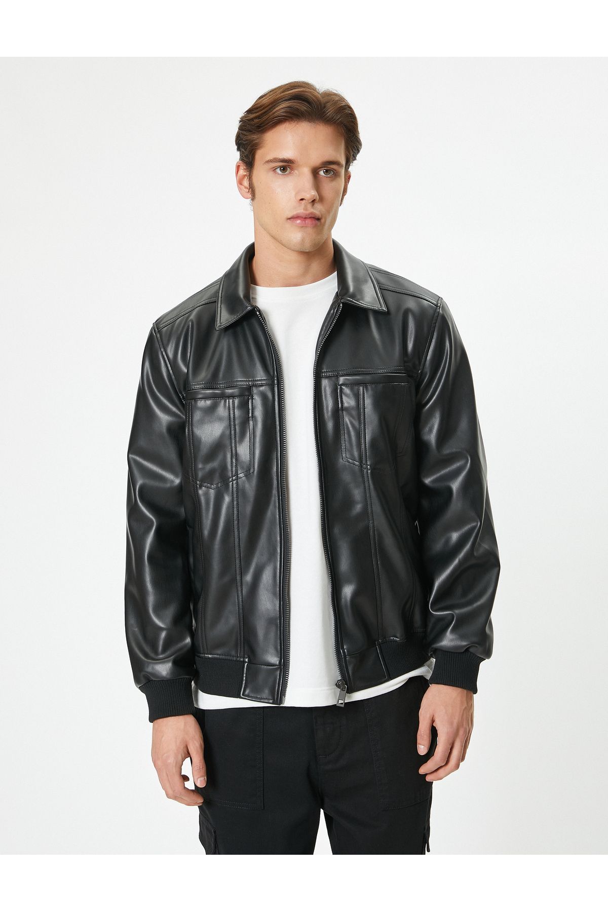 Koton-Faux Leather Slim Fit Jacket - Lining with Pockets and Zipper 3