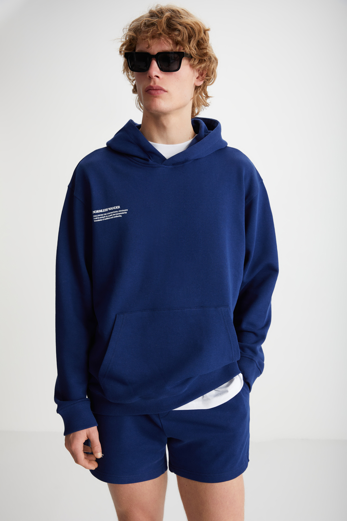 GRIMELANGE Pawan Men's Navy Blue Sweatshirt with Fleece Inside and Print Detail