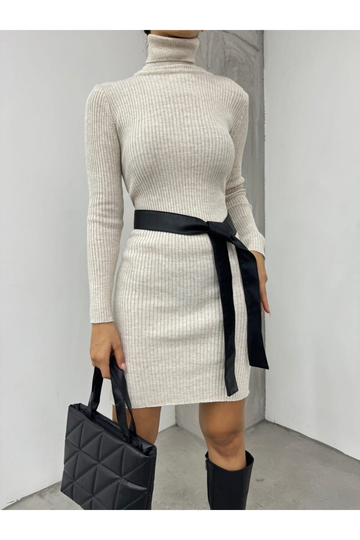 Modamorfo-Turtleneck Ribbed Knitwear Dress 3