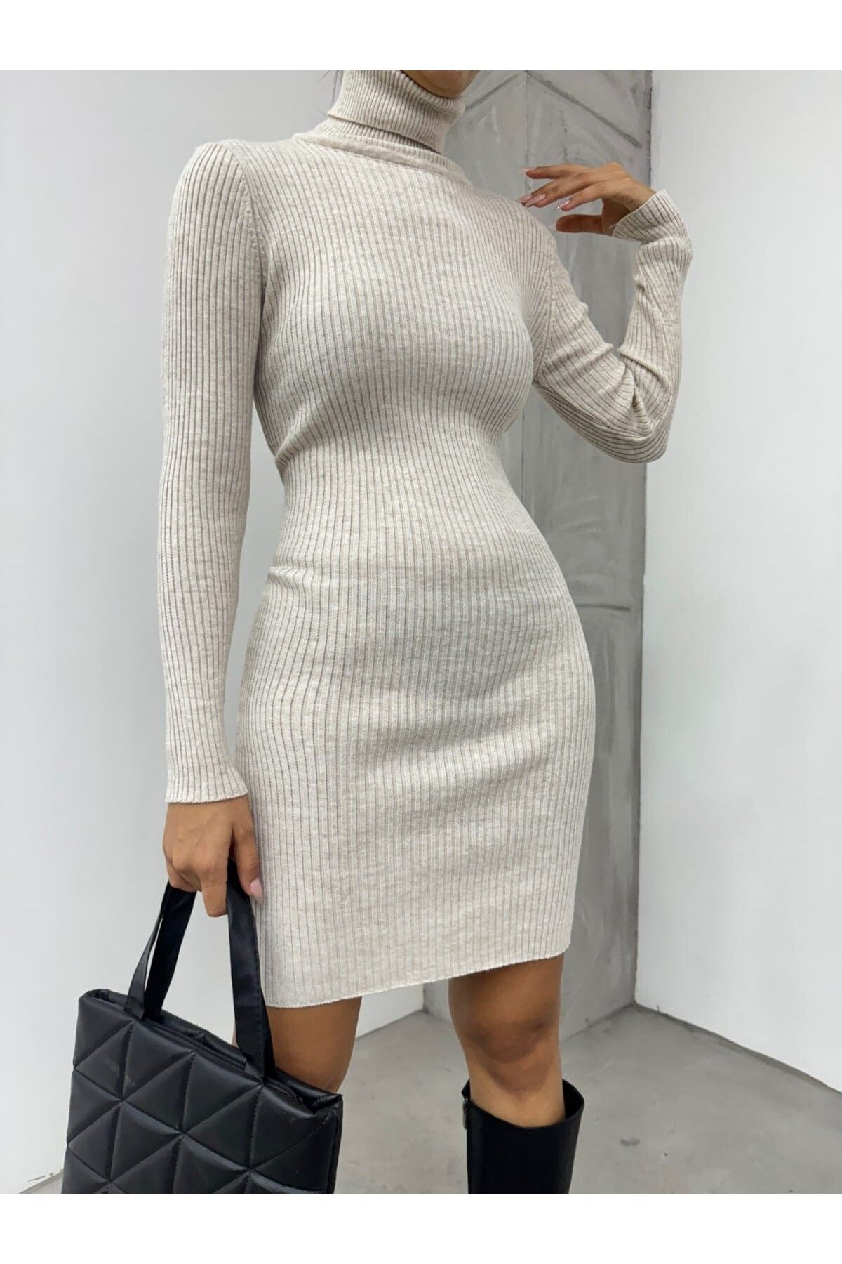 Modamorfo-Turtleneck Ribbed Knitwear Dress 1