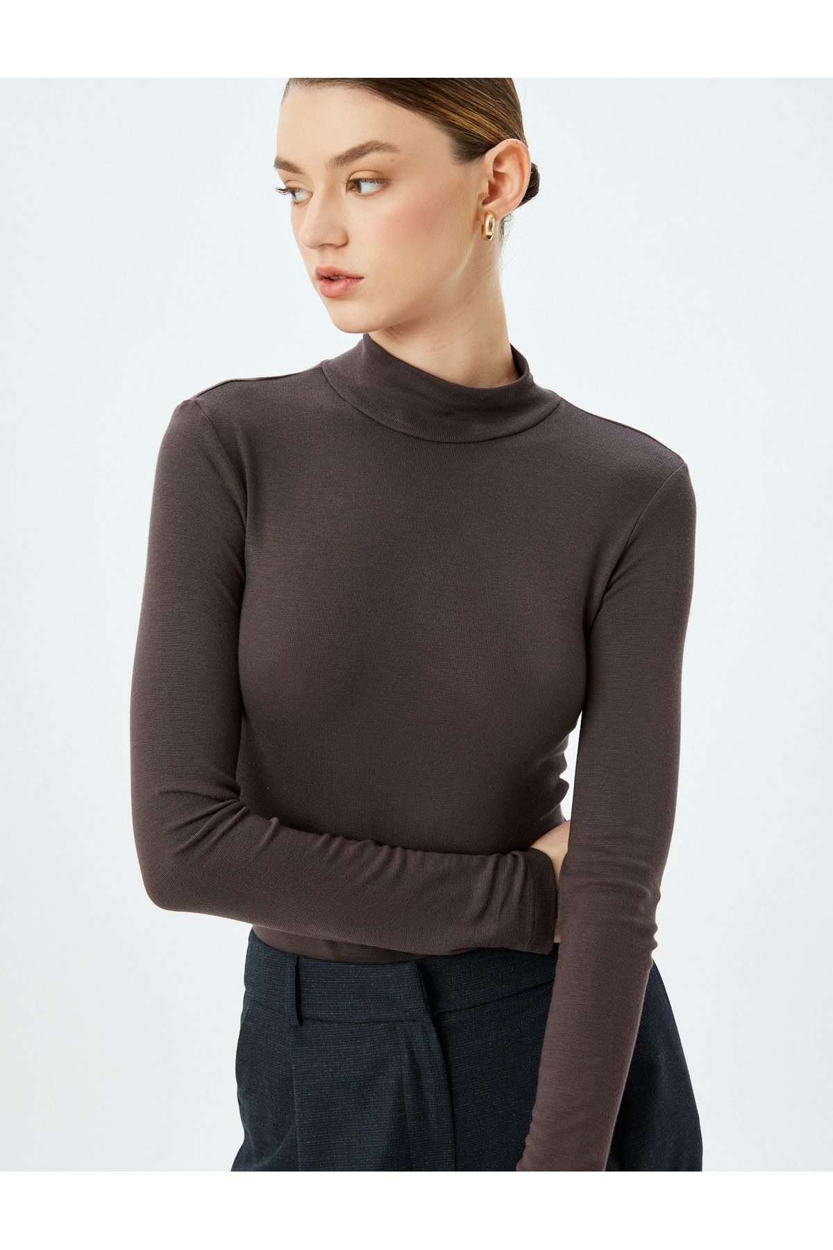 Koton-Slim Fit Bottom Snap Button Closure Stand Collar Viscose Long Sleeve Bodysuit 1