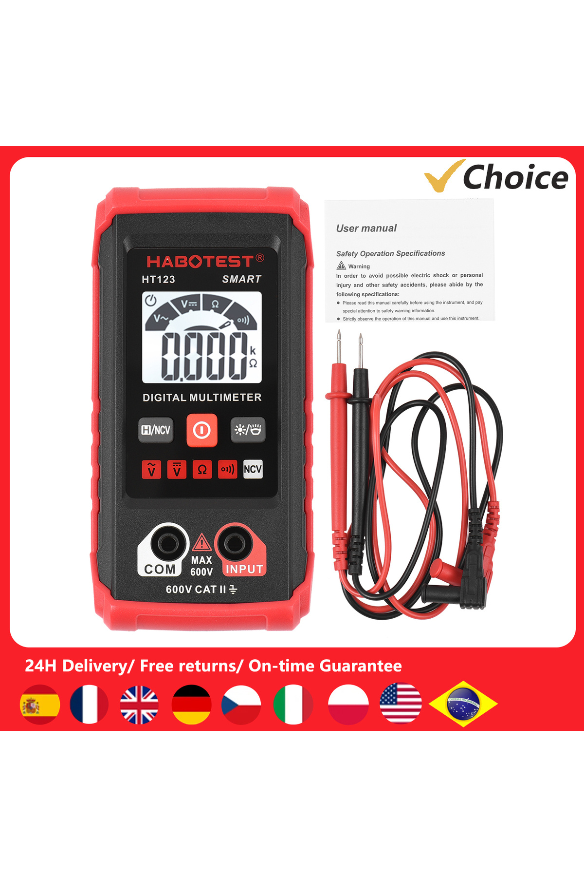meterk-HABOTEST HT123 Digital Multimeter Auto Range Multi-meter 2,000 Counts True RMS Measuring AC/DC Vo... 1