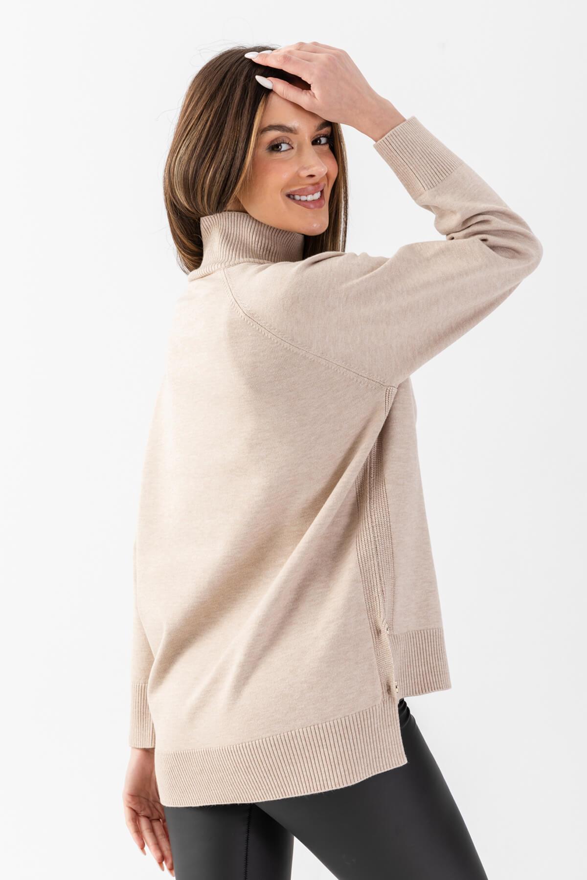 Irmak Kerekli  Kadın Bej Selanık Yırtmaçlı Old Money Triko Bluz 171014 - Görsel 5