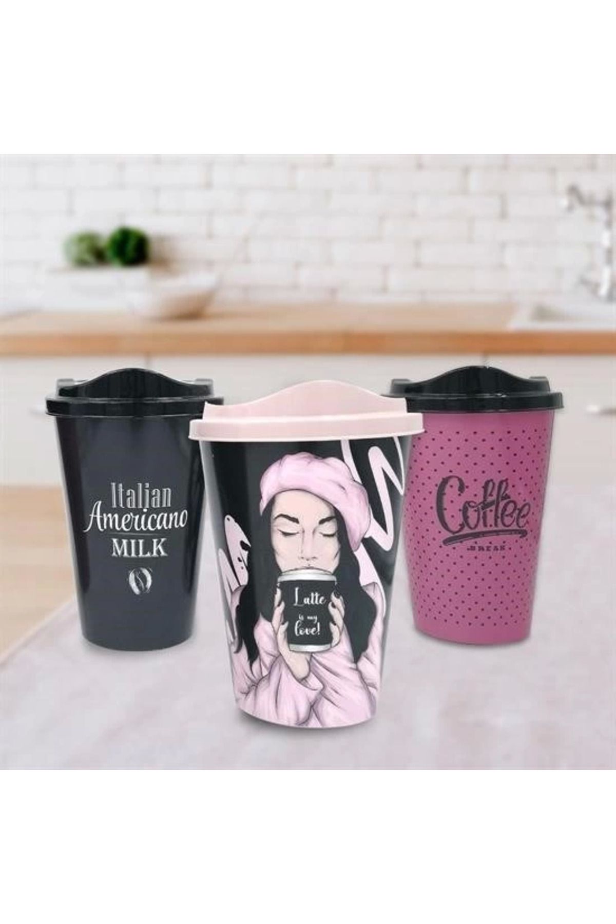 Epilons 3 Adet Kahve Bardağı Seti Dekoratif Plastik Kahve Muhafaza Bardağı
