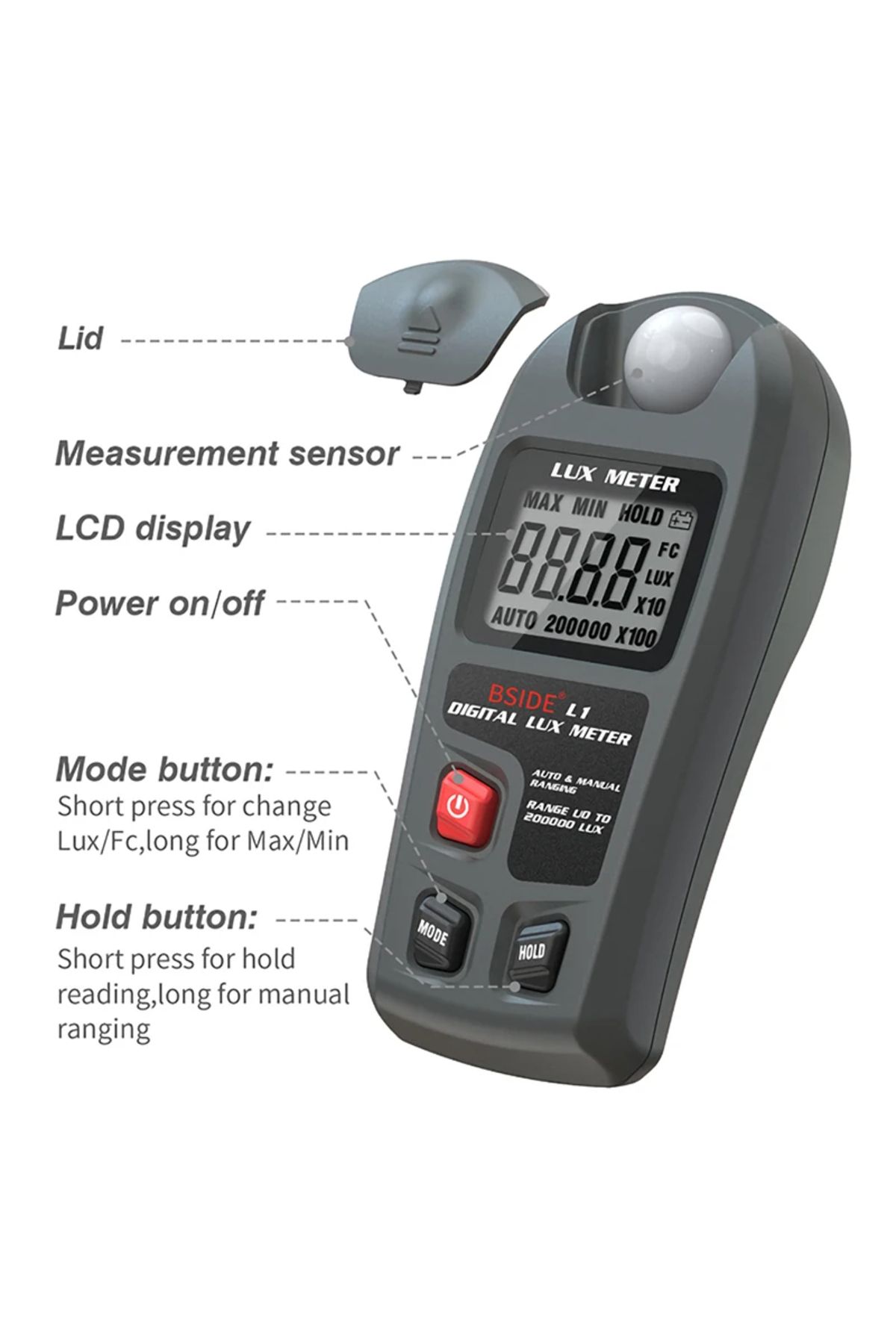 TELEHILL-L1 Lux Meter Digital Illuminometer Lux Tester 0.1-200000 Lux/0.01-20000 Fc LCD  Sensor Pocket Lux... 6