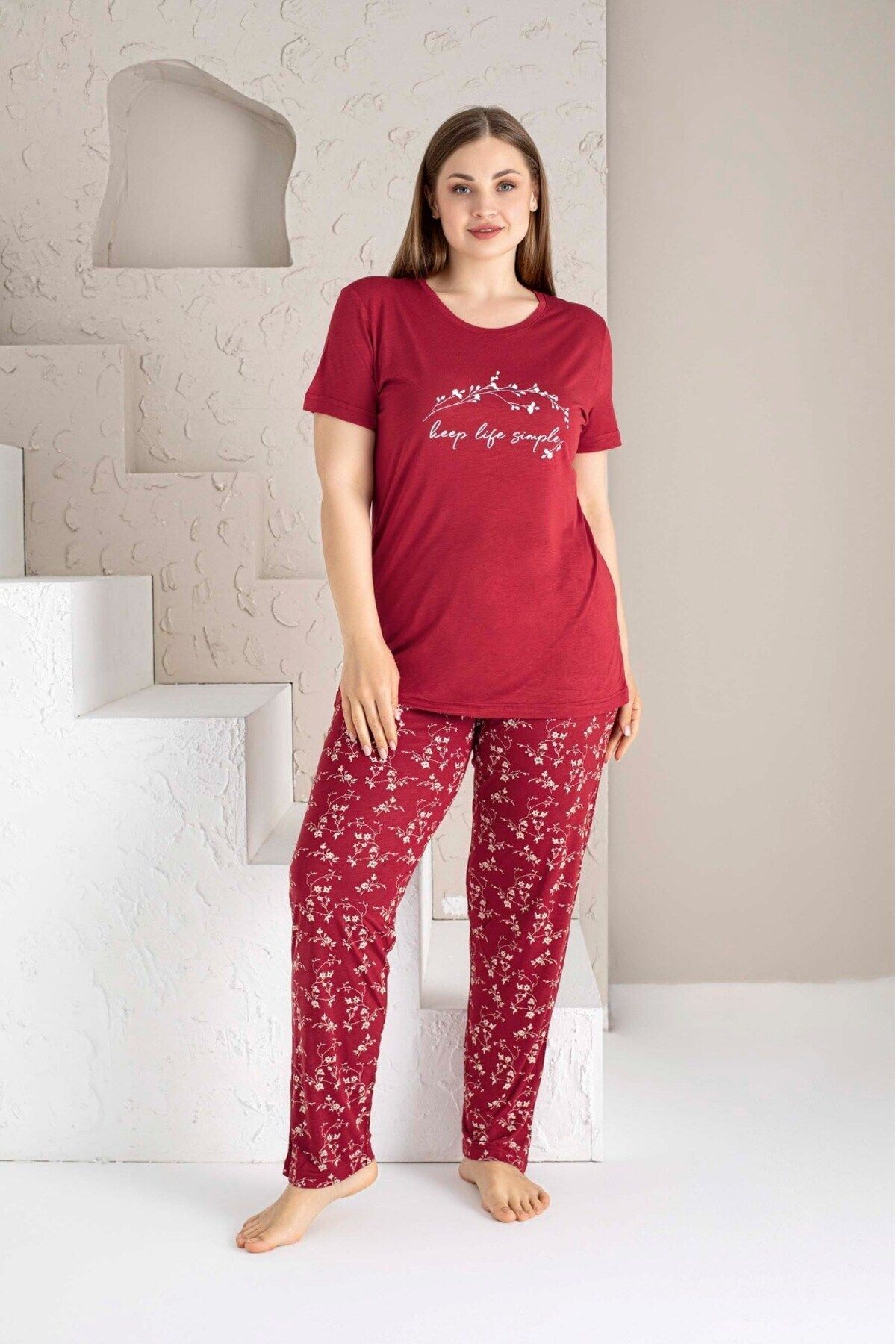 bie's-Claret Red Floral Buttonless Round Neck Large Oversize Viscose Large Size Pajama Set with Pockets 3