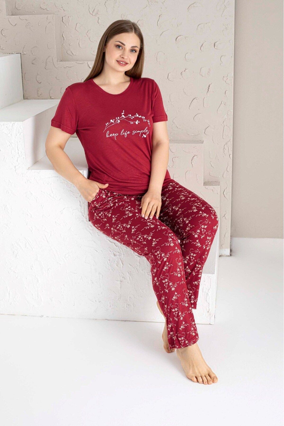 bie's-Claret Red Floral Buttonless Round Neck Large Oversize Viscose Large Size Pajama Set with Pockets 2
