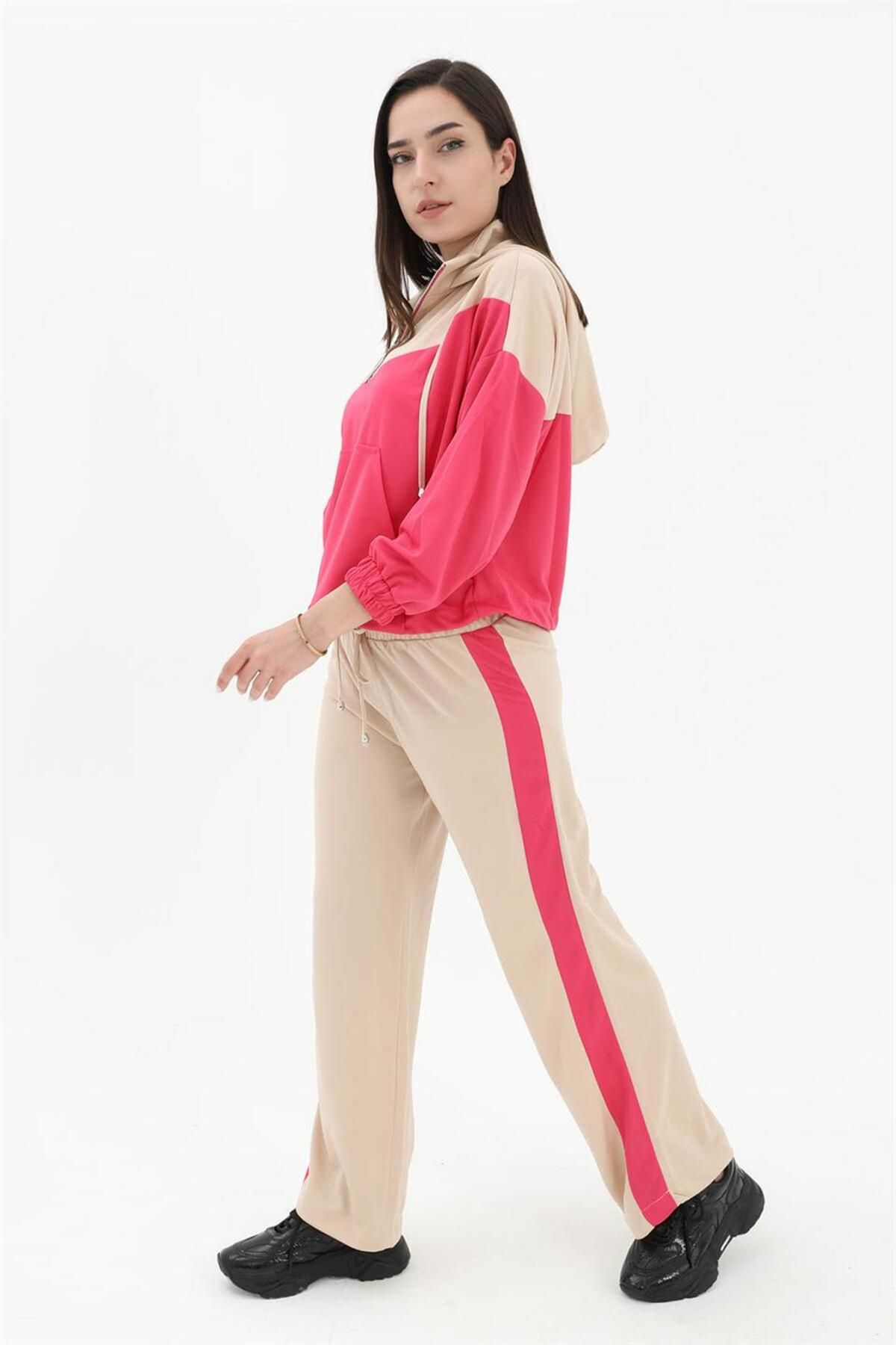 VAPUR TEKSTİL-Two Color Atlas Fabric Tracksuit Set - Fuchsia 2