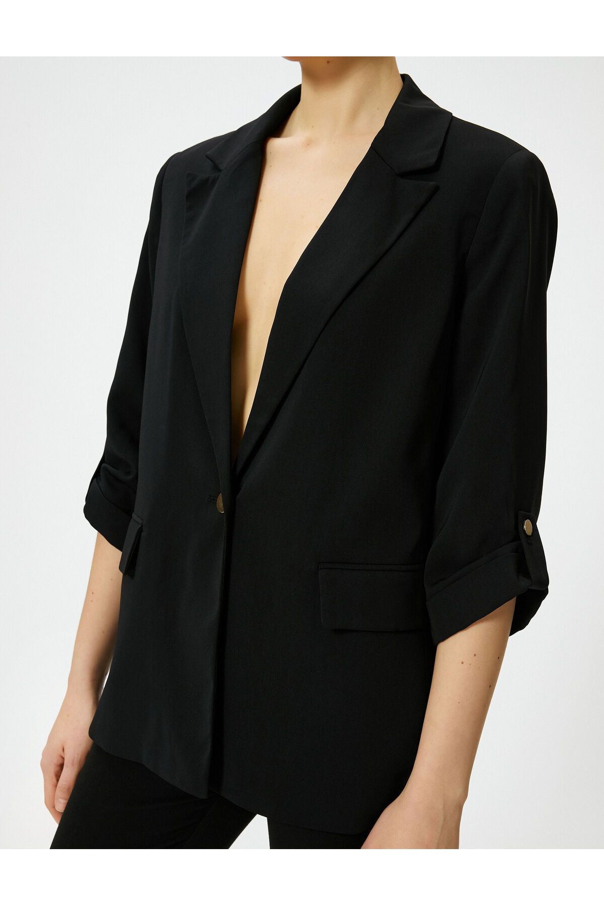 Koton-Gold Blazer Jacket - Single Button, Flap Pockets and Folded Sleeves 5
