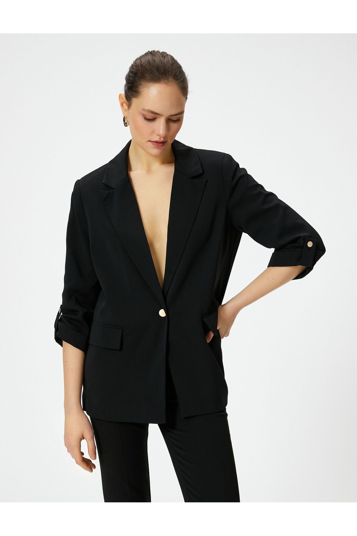 Koton-Gold Blazer Jacket - Single Button, Flap Pockets and Folded Sleeves 3