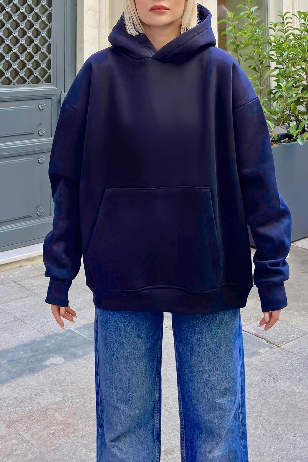 Swist-Granatowa bluza damska z kapturem i kieszeniami typu kangurka, oversize 4