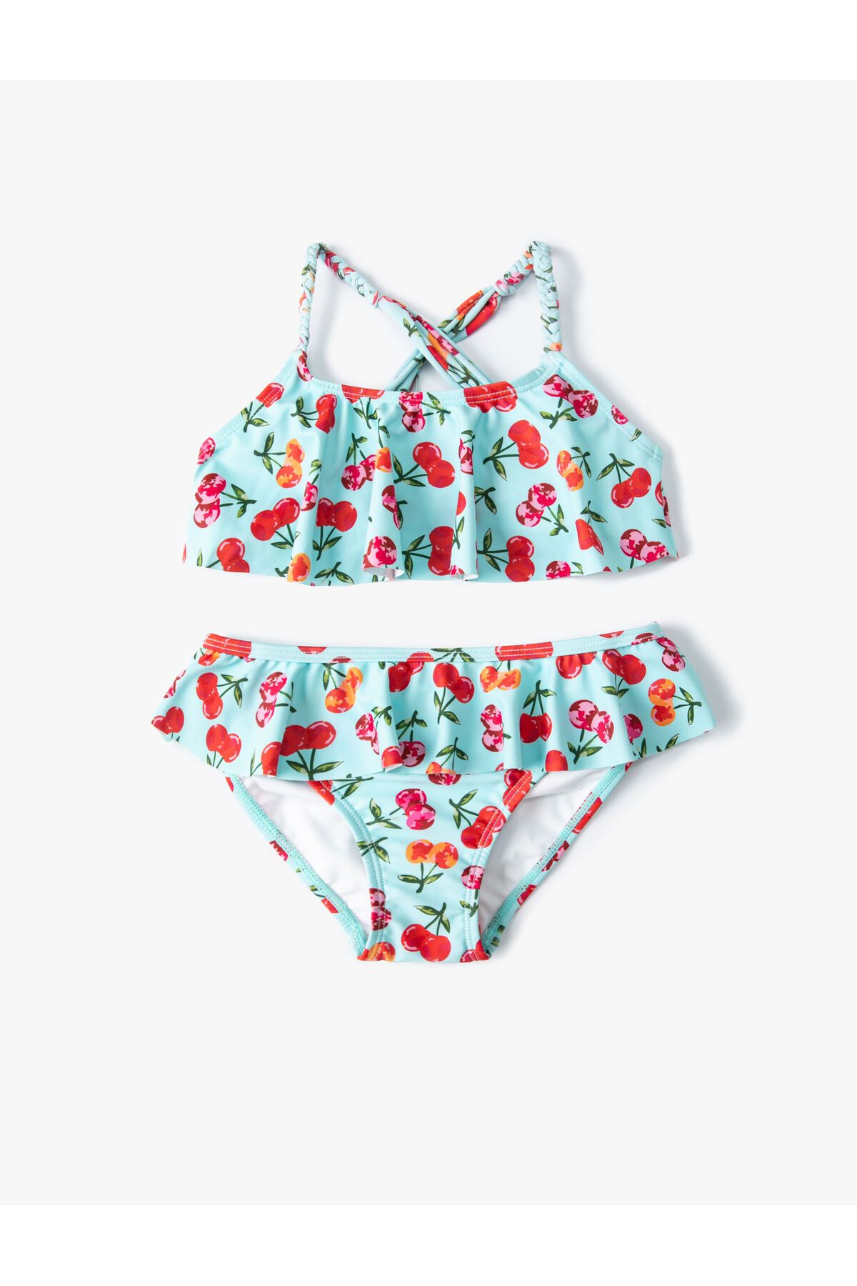 Kirazlı Bikini Seti 2 Parça Fırfırlı Çapraz Askılı