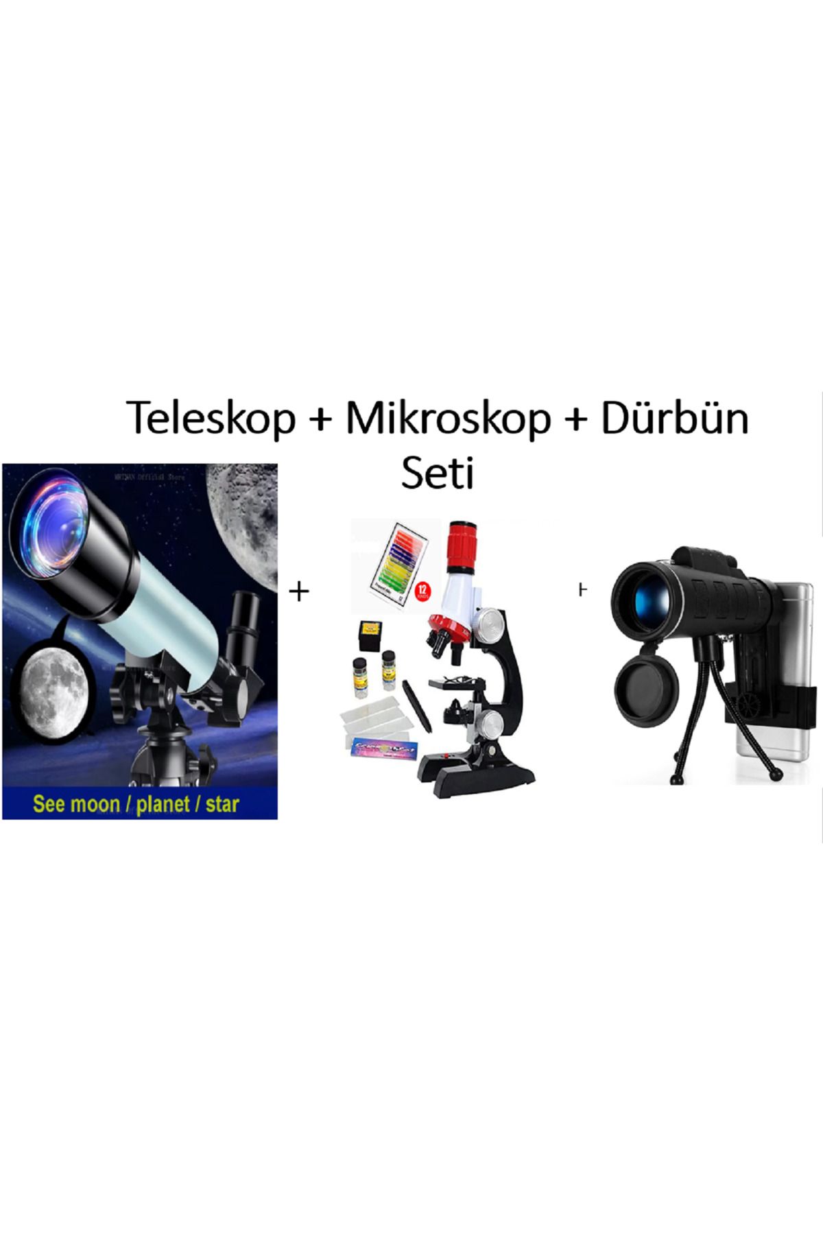 lizer 90X Uzay teleskobu + 1200x Mikroskop Seti + 40x60 Dürbün seti 3 lü set Birarada 12 slayt HEDİYE