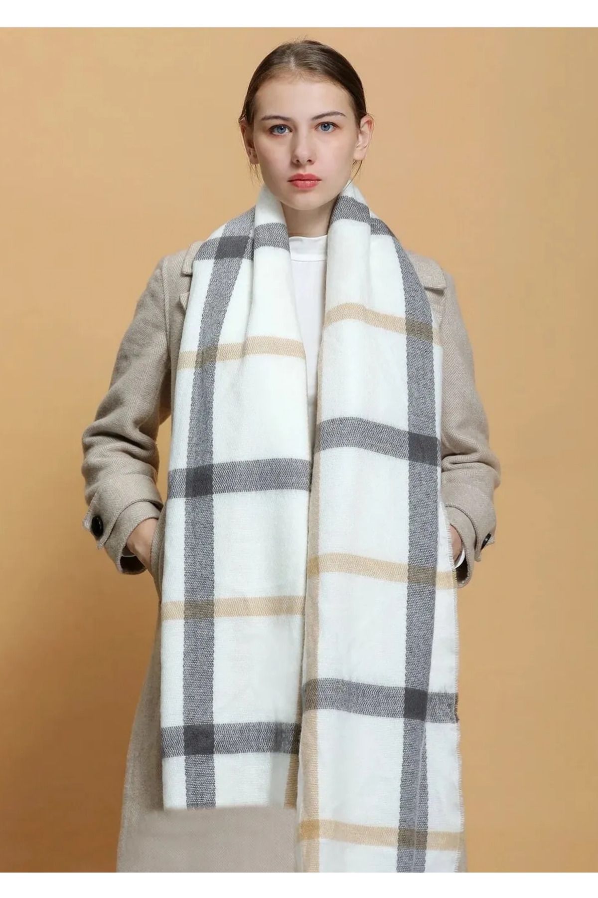 MinaCarin-Women's White Plaid Thick Scarf 1