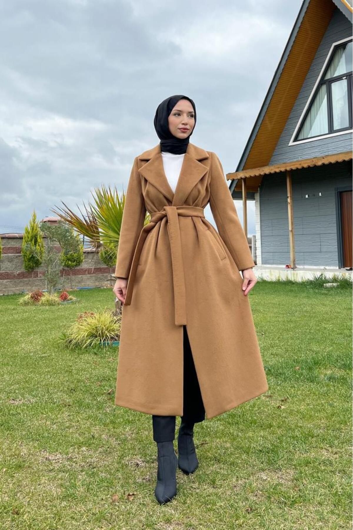 Lamia Giyim-Thick Hijab Stamp Coat - Jacket Collar and Belted, Camel 4